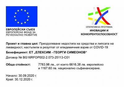 ЕТ "Елексим-Георги Симеонов" 
спечели субсидия по Проект и 
главна цел "Преодоляване 
недостига на средства и 
липсата на ликвидност, 
настъпили в резултат от 
епидемичния срив от COVID-
19"